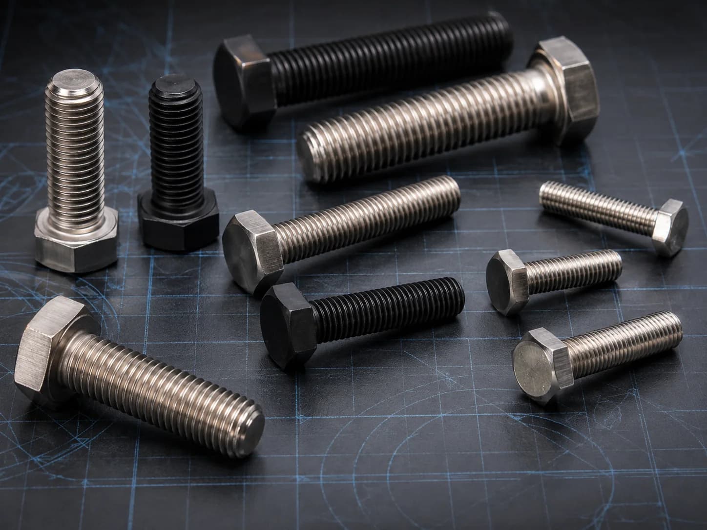 Industrial hex bolts arranged on a dark engineering surface.