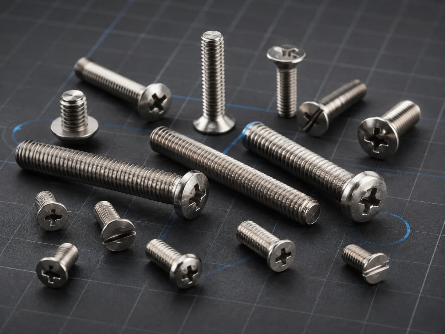 Precision machine screws on a technical grid surface.