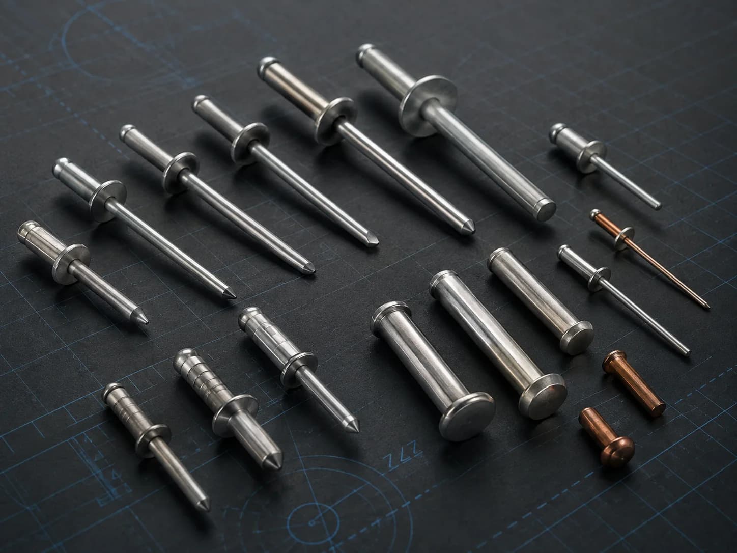 Blind rivets displayed in a premium industrial product scene.