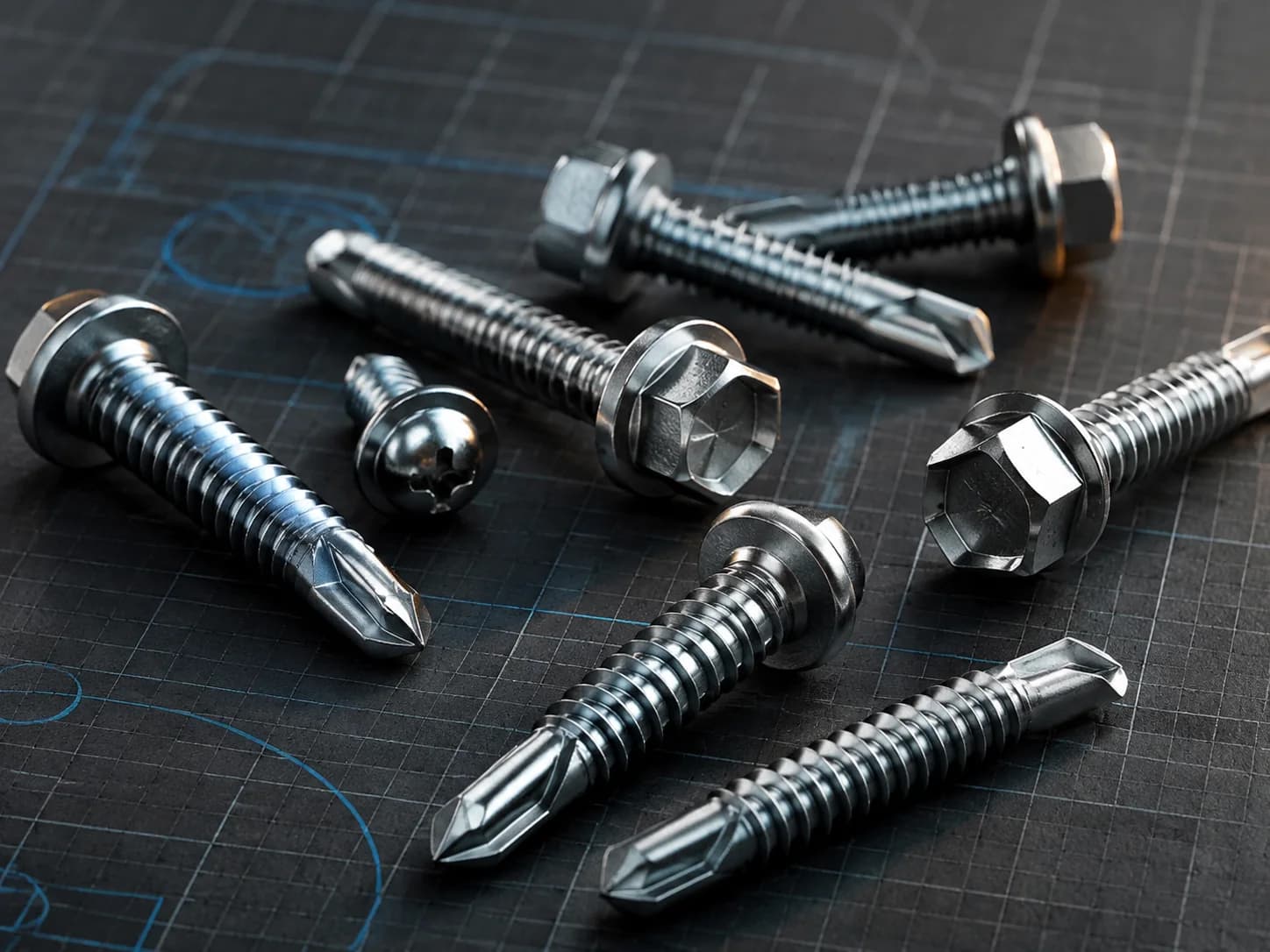 Self-drilling screws with clearly visible drill points.