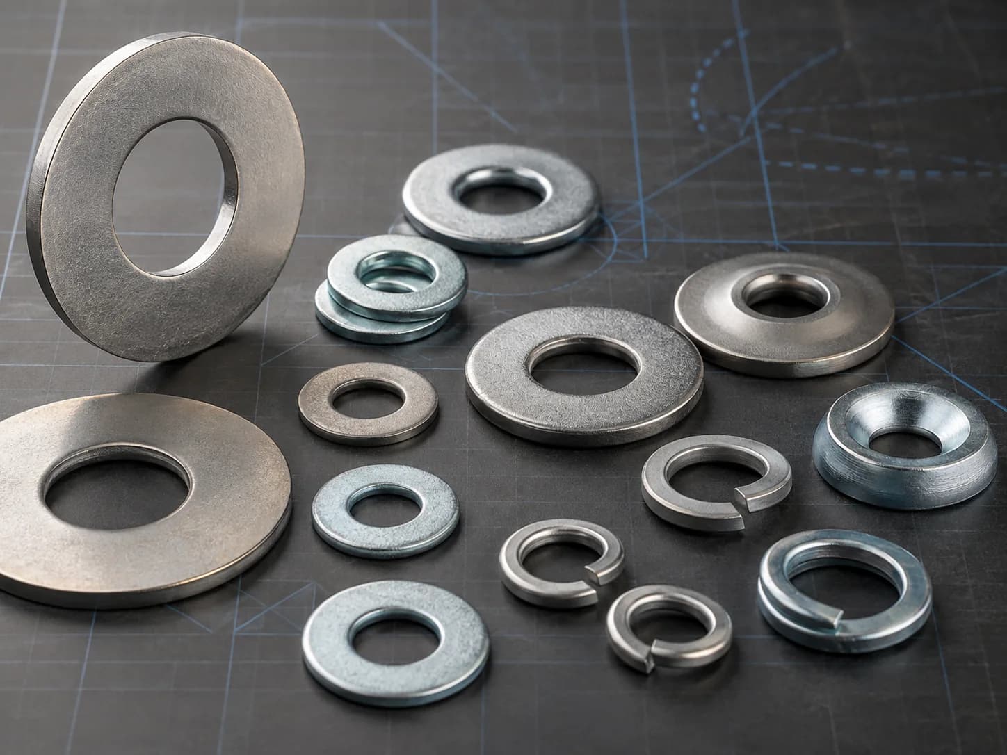 Flat and lock washers arranged on a dark engineering surface.