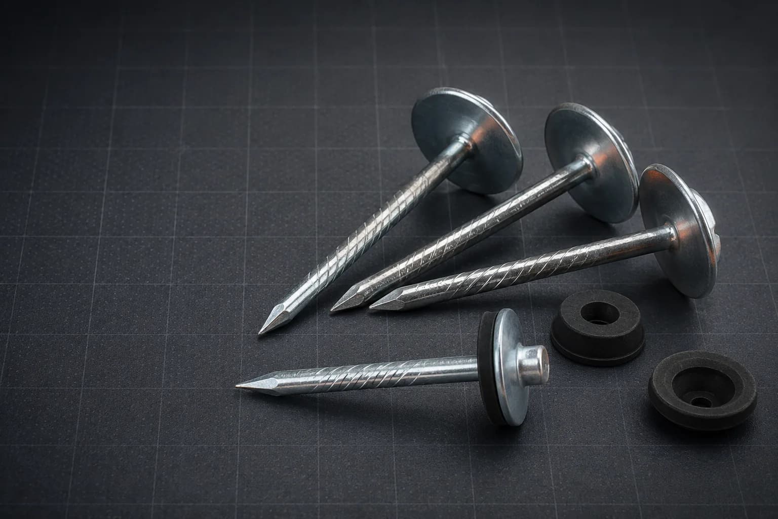 Roofing nails with broad heads and sealing-washer configurations.