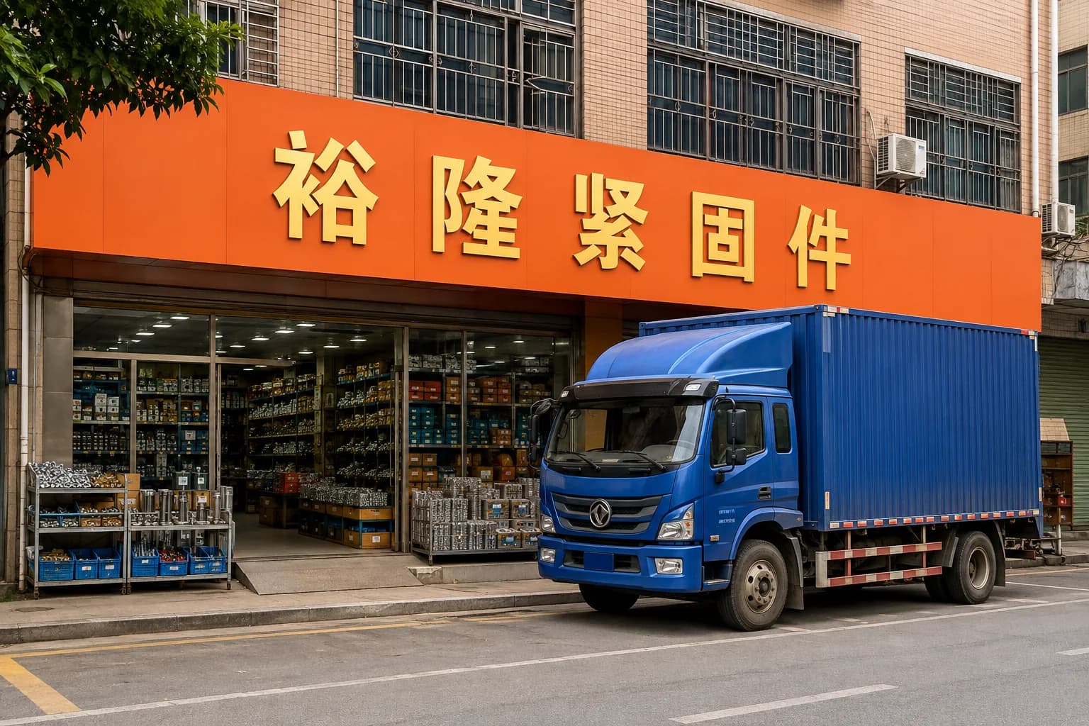 Illustration of the approximately 400-square-metre Yulong Fastener street shop in Shenzhen, with an orange sign and a blue box truck.